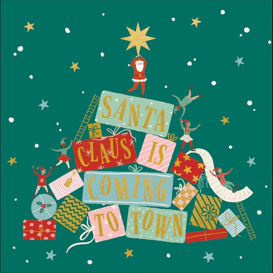 Santa and Elves Climbing On Presents Christmas Card