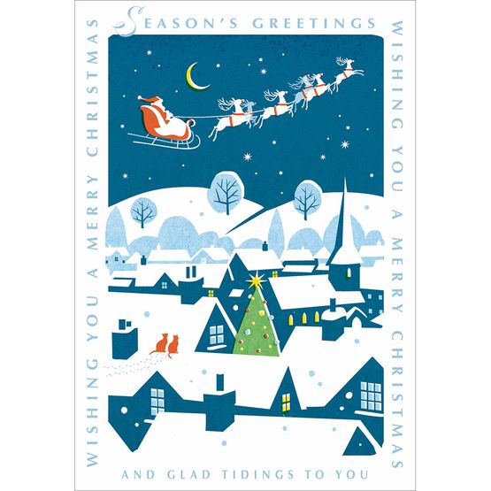 Santa Flying Over Houses Christmas Card