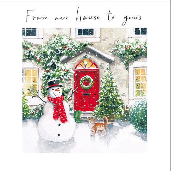 Snowman and Cat By Front Door Christmas Card
