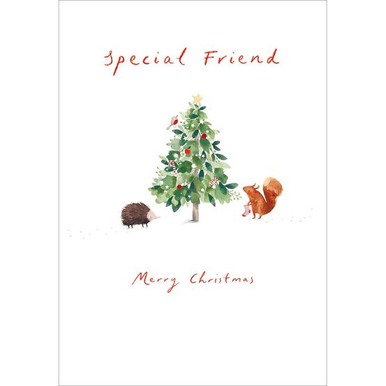 Special Friend Squirrel and Hedgehog By A Christmas Tree Christmas Card