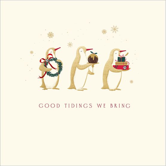 Three Penguins Carrying Gifts Christmas Card