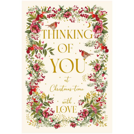 Thinking Of You Xmas Roses Robin Christmas Card
