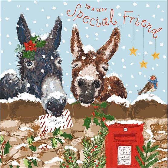 Special Friend Two Donkeys Looking Over A Wall Christmas Card