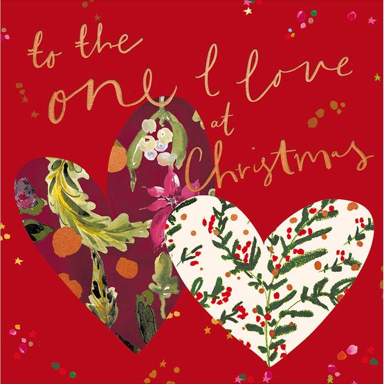 One I Love Two Hearts With Foliage Christmas Card