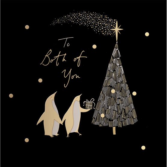 Both of You Two Kissing Penguins By A Tree Christmas Card