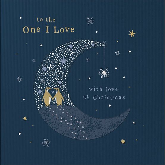 One I Love Two Penguins In A Crescent Shaped Moon Christmas Card