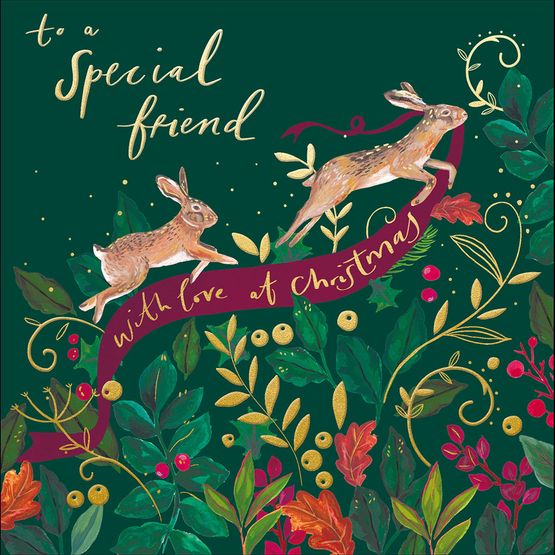 Special Friend Two Rabbits Leaping Over Foliage Christmas Card