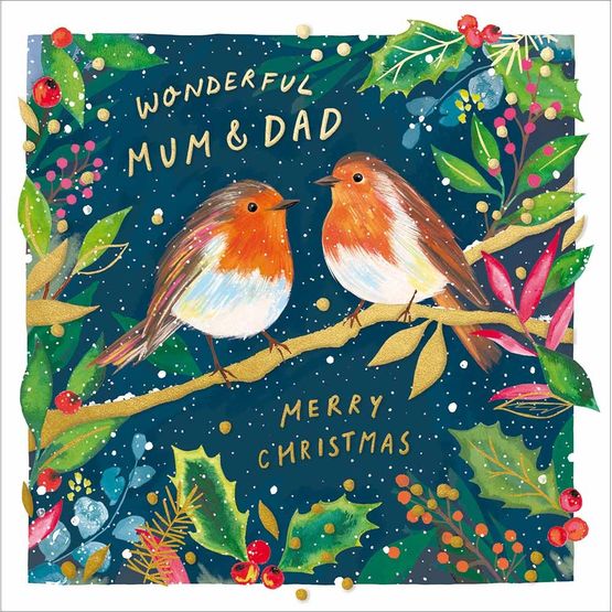 Mum &amp; Dad Two Robins On A Branch Christmas Card