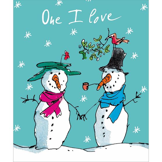 One I Love Two Snowmen With Hat and Scarves and Mistletoe Christmas Card