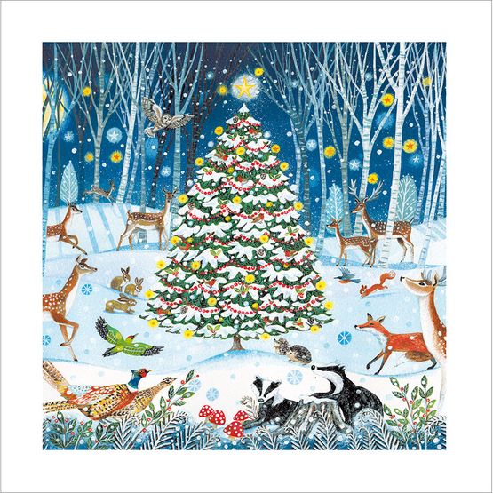 Woodland With Centre Tree and Owls and Deers Christmas Card