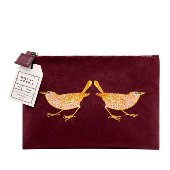 William Morris at Home - Strawberry Thief Medium Raspberry Embroidery Velvet Pouch