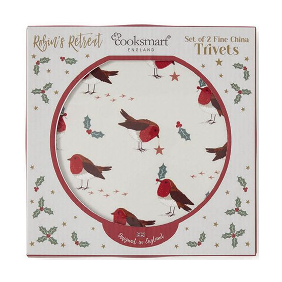 Cooksmart Christmas Robins Retreat Ceramic Trivets Set Of 2