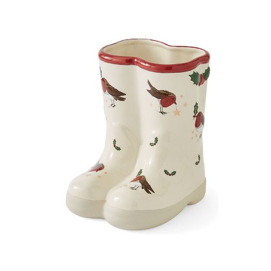 Cooksmart Christmas Robins Retreat Ceramic Utensil Pot Wellies