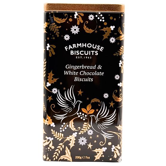 Farmhouse Biscuits - Black Triangle Tin of Gingerbread &amp; White Chocolate Biscuits