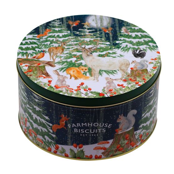 Farmhouse Biscuits - Woodland Scene Round Tin of Assorted Oat Flips
