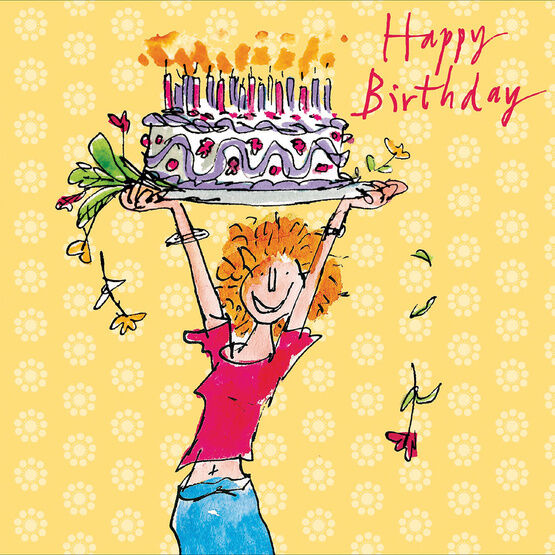 Woman Jumping In Air With Birthday Cake