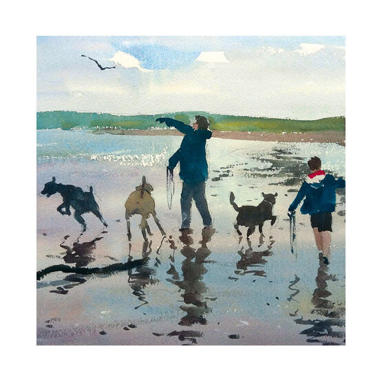 Family Walking Dogs On Beach